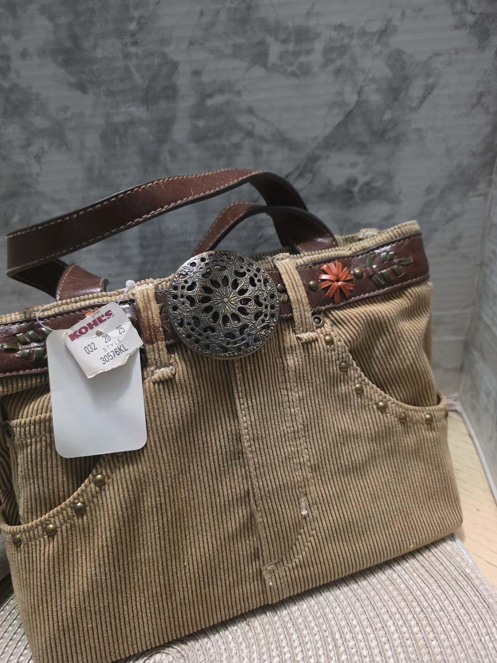 2YK Corduroy Tote Bag with Floral Embellished Belt - Tan